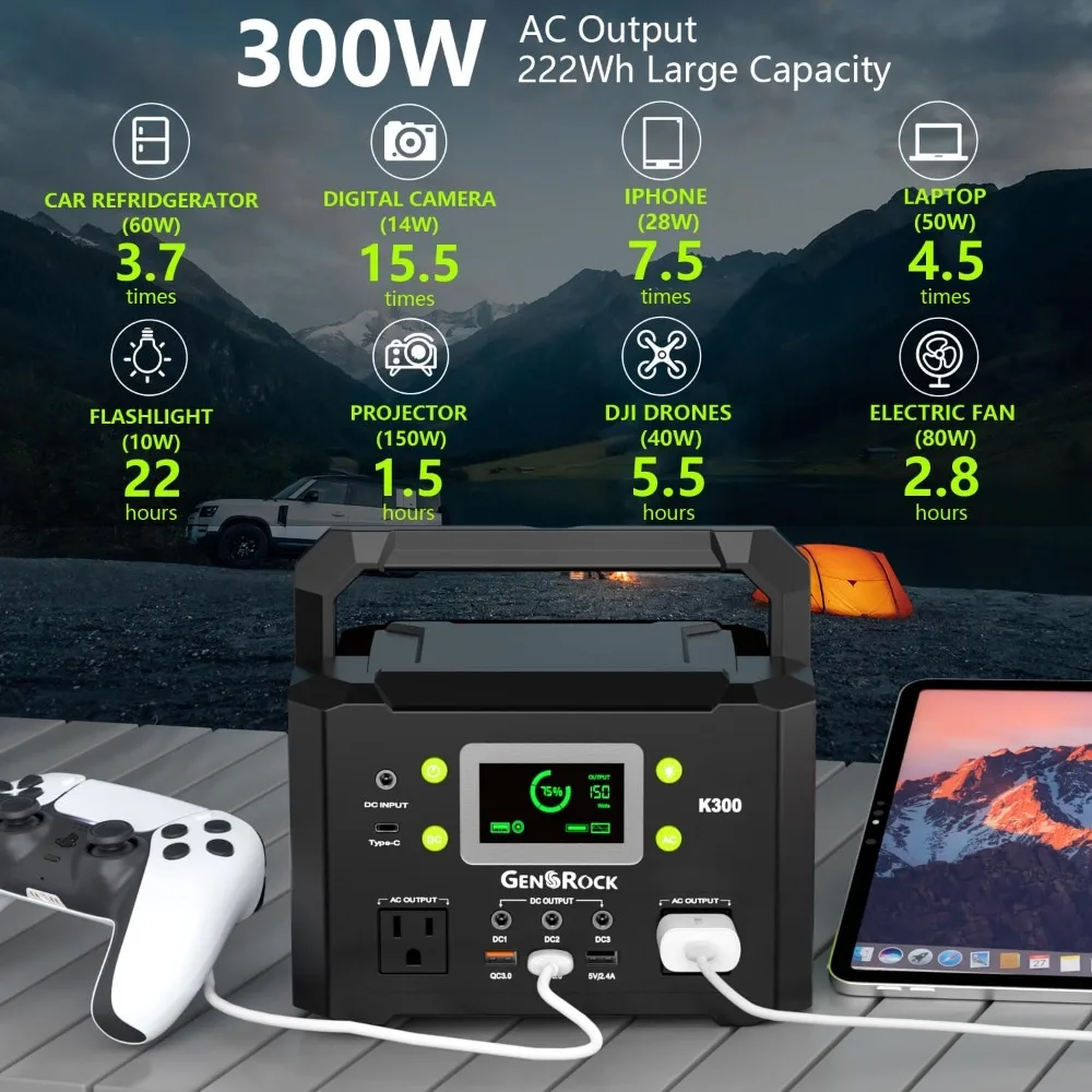 Imagem -02 - Estação de Energia Portátil 110v 300w Gerador Solar de Onda Senoidal Pura 222wh Bateria de Lítio de Backup com Saída ac