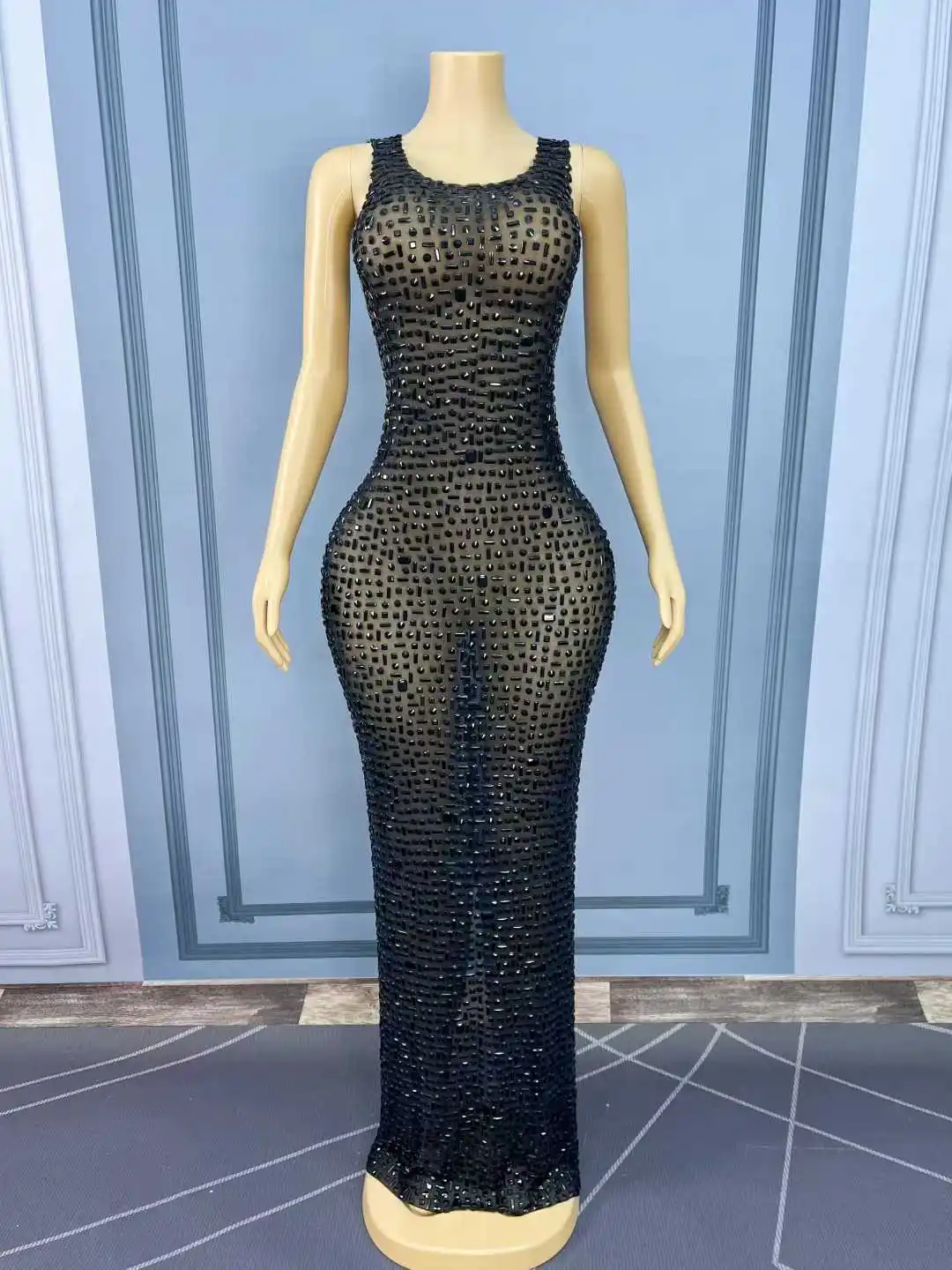 Sexy Bühne Elegantes Schwarz Weiß Abendkleid Blingbling Silber Strass Kleid Hochzeit Cocktail Party Fotoshooting Kostüm