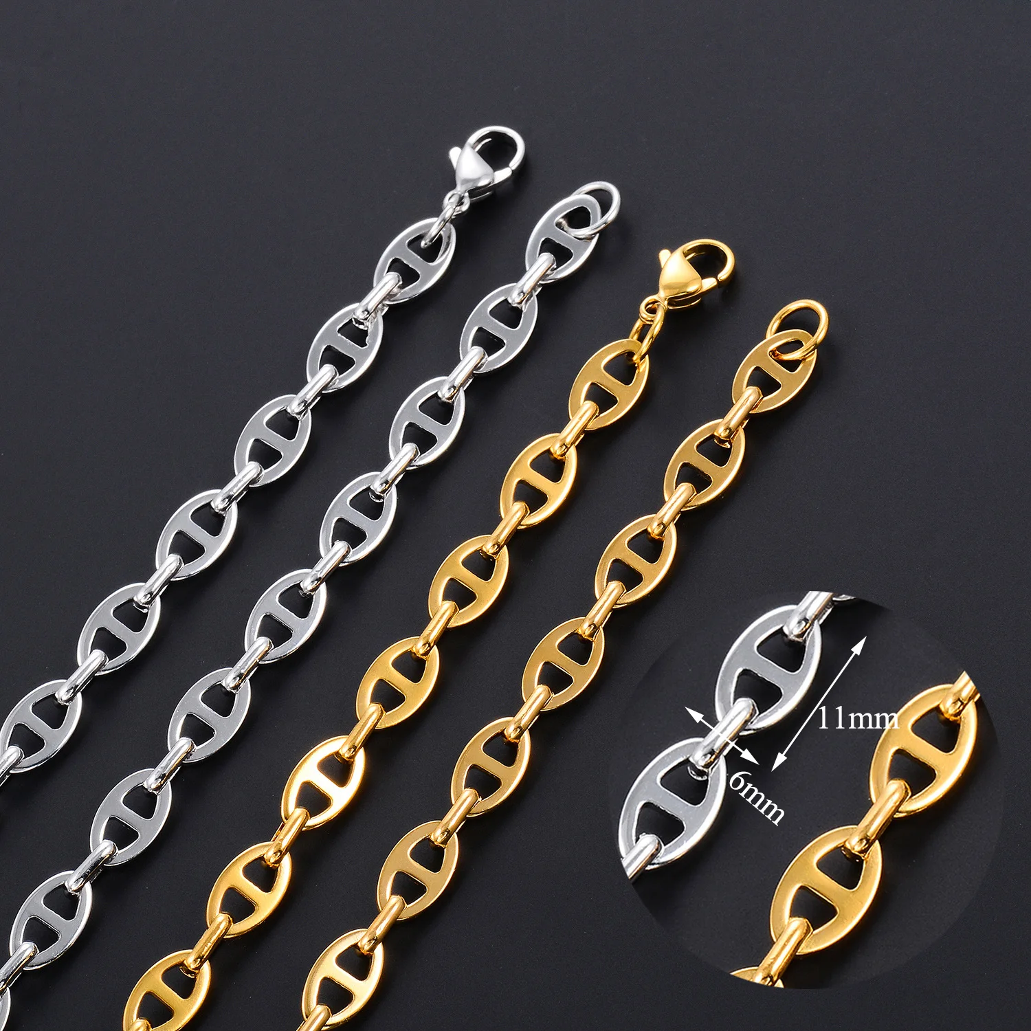 6MM 8MM Runde Edelstahlkette in Silber- und Goldfarbe, Kaffeebohnen-Halskette, Wasserdichter Hip-Hop-Choker, Metallschmuck – Detail 2