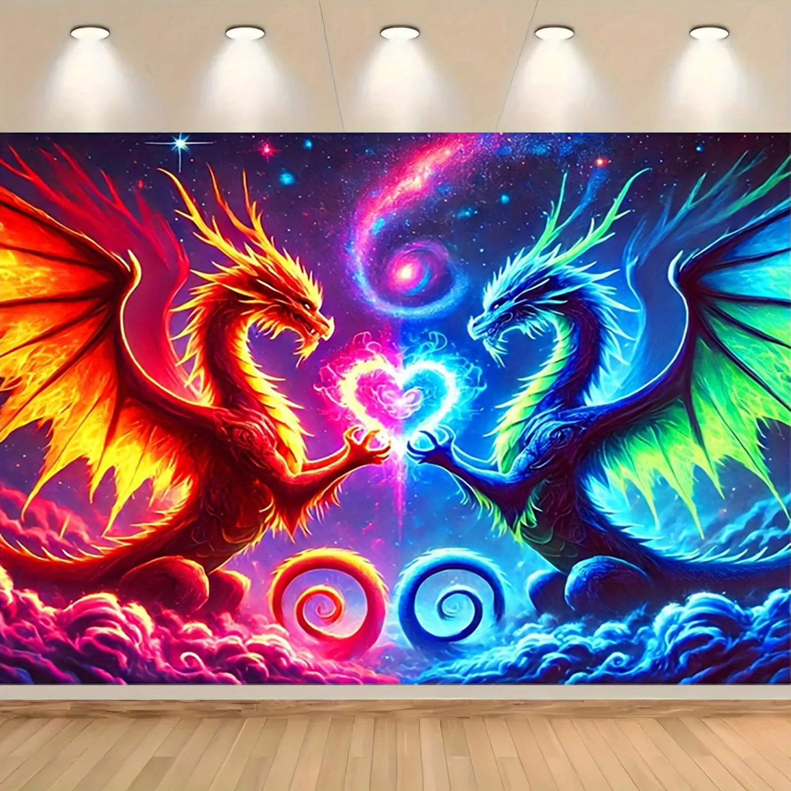 VIKAMA Dragon-Themed Cosmic Tapestry Ice and Fire Twin Dragons Neon Color Decor Living Room Sofa Backdrop Wall Art Room Decor