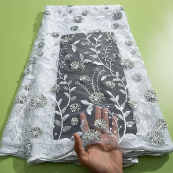 Weiße französische Luxus Pailletten Mesh Spitze Stoff 5 Yard afrikanische Spitze Stoff hochwertige Hochzeits kleid für Frauen nähen a3734