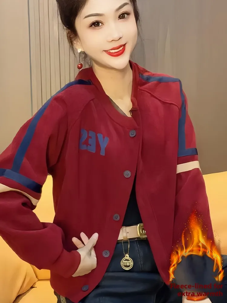 

Faionable Versatile Long Sve ort Jaet Women's Winter New Thiened Fce Baseball Sle Top Buttoned Casual Wear