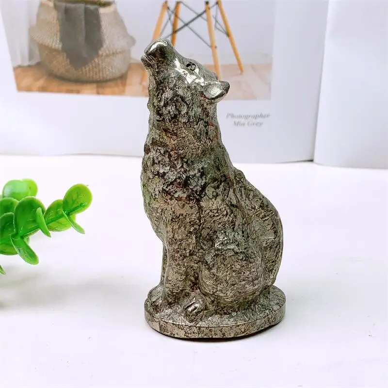 10CM Natural Pyrite Wolf Carving Handmade Polished Animal Powerful Statue For Home Decoration Lucky Gift 1PCS