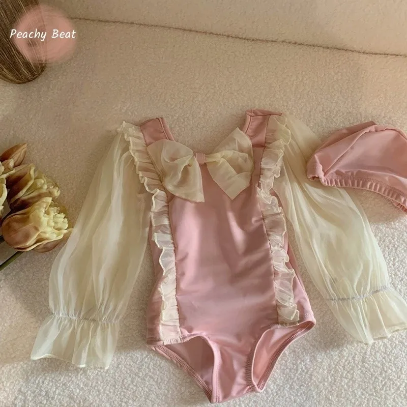 

Baby Girl Swim Suit Infant Toddler Child Swimwear+Cap 2PCS Puff Sleeve Swim Suit Bow Gauze Bathing Suit Baby Clothes 1-10Y