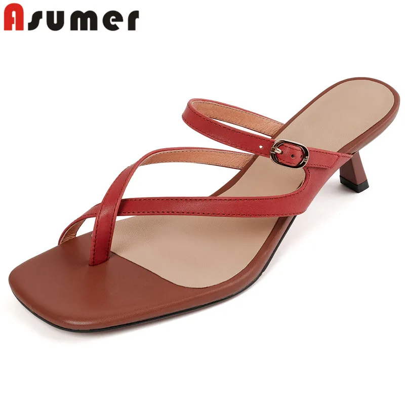 

ASUMER 2024 New Square Toe Thin High Heels Slippers Flip Flops Genuine Leather Slippers Woman Ladies Casual Summer Shoes