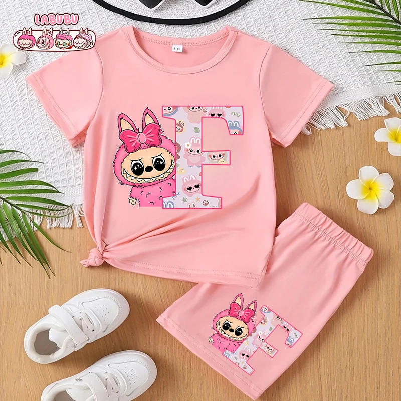 

Labubu Girl Loungewear Pajama Sets Children's Top and Bottom Clothes Set Pajamas Cartoon Kawaii Girl Short Sleeve Home Outfits