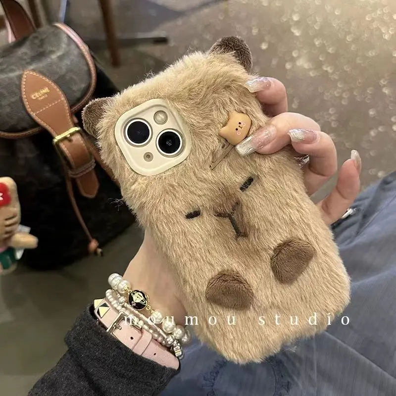 Plush Cute Capybara Phone Case for Iphone 15 14 11 12 13 Mini Pro Max XS XR SE Fully Covered Soft Shell Protective Cover