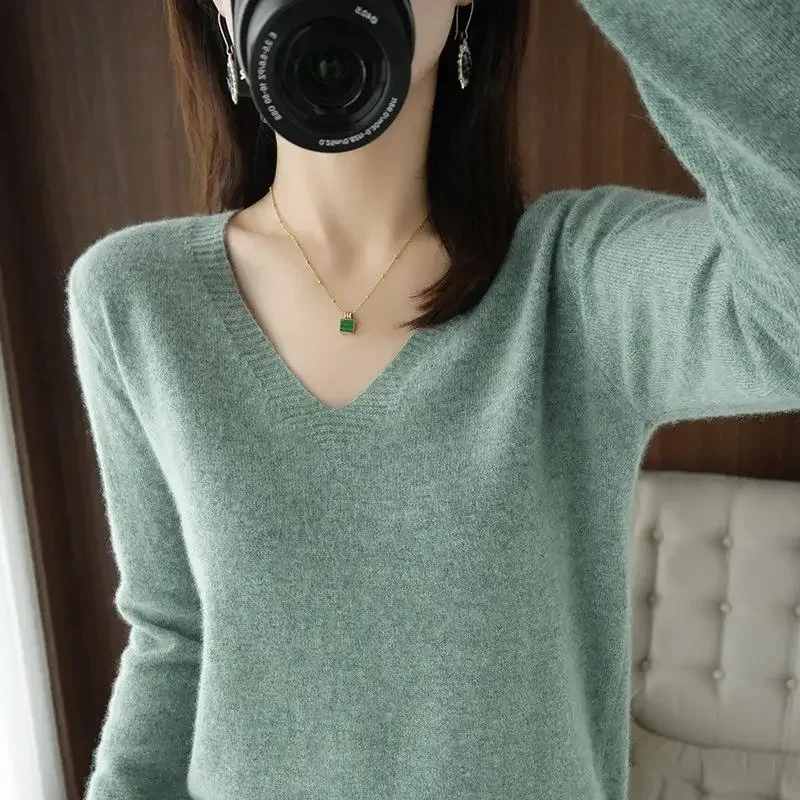 

Autumn Winter New Cashmere Sweater Women Keep Warm V-neck Pullovers Knitting Sweater Fashion Korean Long Sleeve Loose Tops
