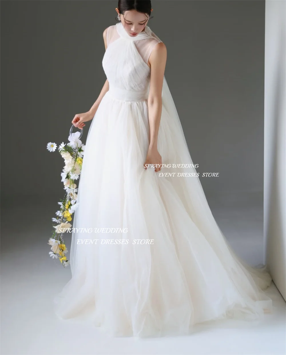 SPRAYING Elfenbeinfarbenes Tüll-A-Linien-langes Hochzeitskleid, Korea, Fotoshooting, O-Ausschnitt, ärmellose Brautkleider, Korsett, maßgeschneidert,  soi