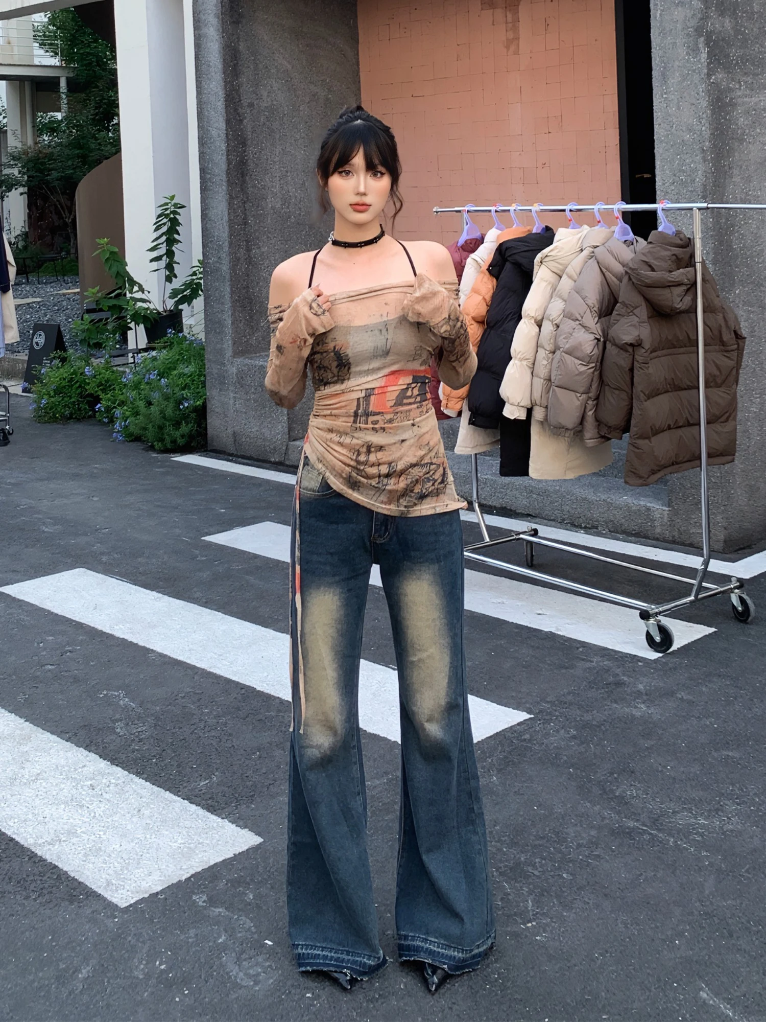 

TQFQ KKDOLLY American Sle Retro Frayed Denim Jeans Women's Versatile Slimming Sexy Low Waist Flared Pants