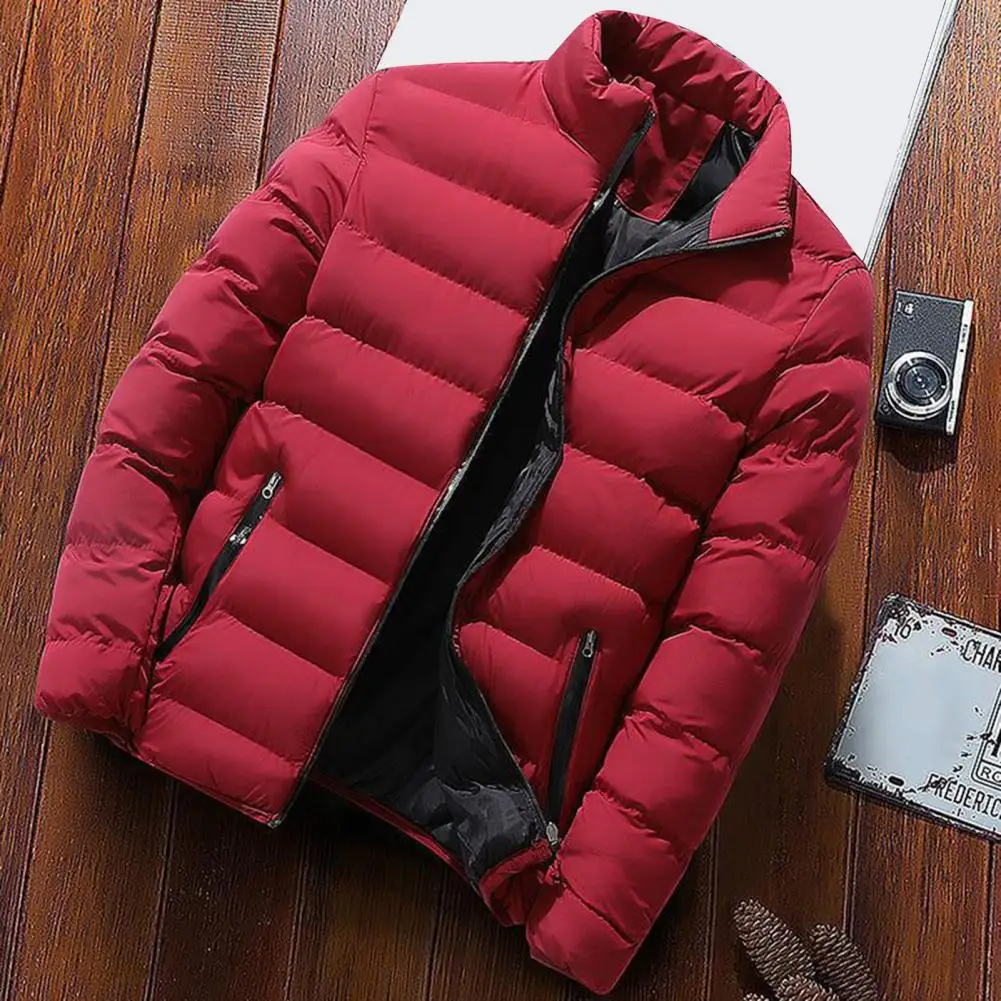 Casaco de inverno acolchoado resistente ao frio masculino, gola, dois zíper lateral, bolsos, à prova de vento, quente, espessado, jaqueta masculina