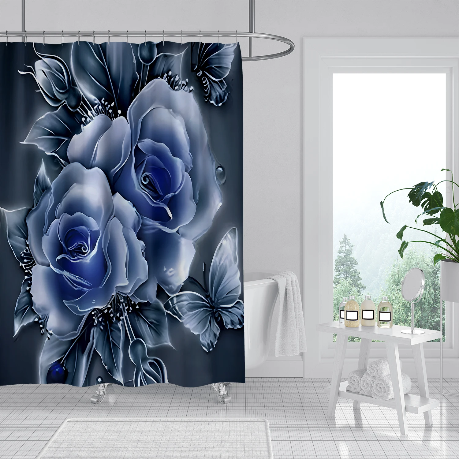 1 piece of polyester ice blue rose pattern shower curtain, animal and plant pattern polyester single shower curtain, decorative