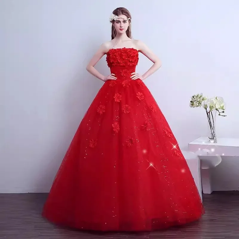 

Cheap Wedding Dresses Simple Red Floral Strapless Lace up Princess Bling Floor-length Plus size Cheap Bride Ball Gowns XN018