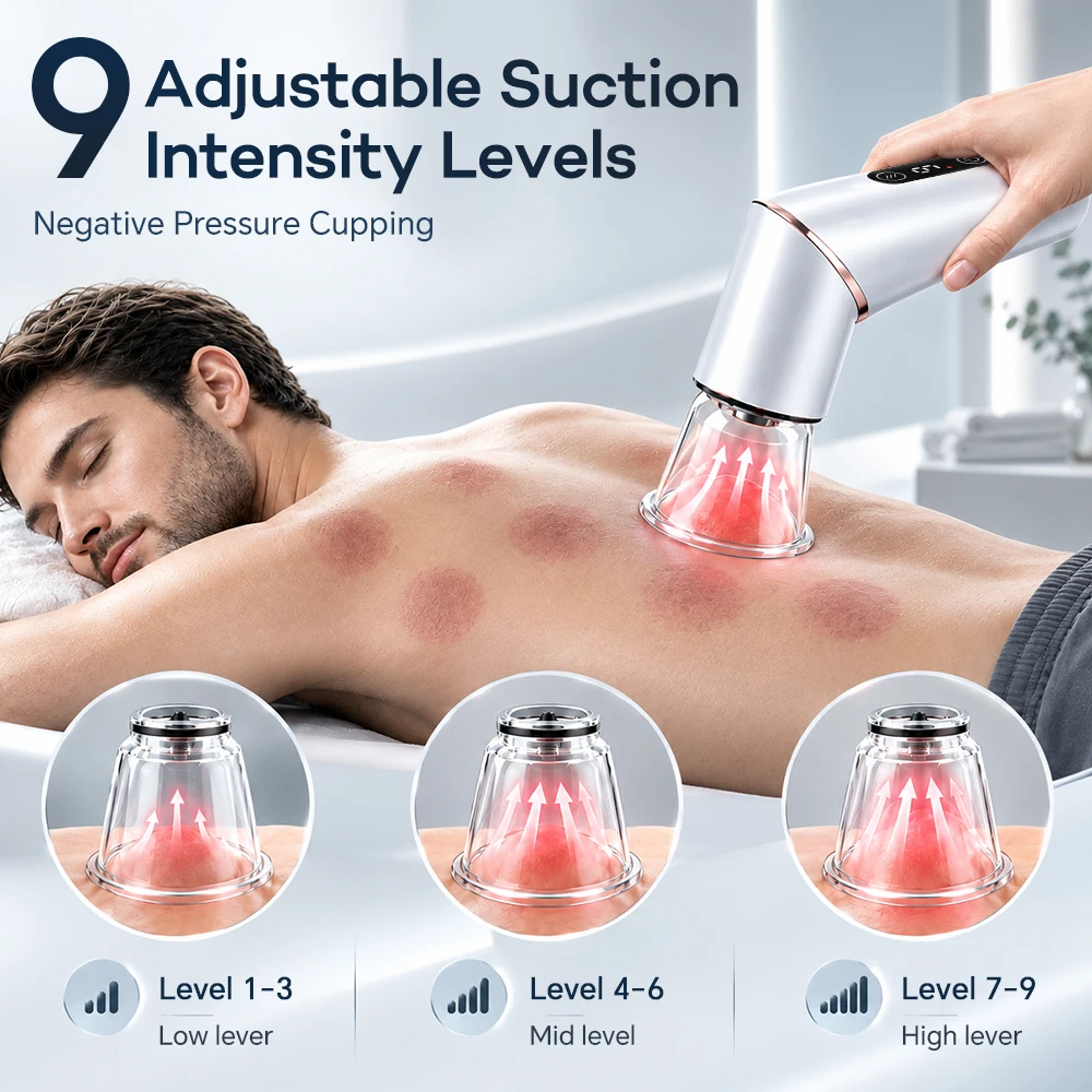 Cupping Set for Home Use, Smart Cupping Device 9 Suction Levels Red LED Warm Gua Sha 6 Transparent Cups Rechargeable White