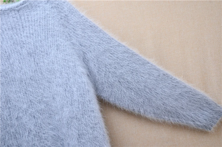 Heavy Thick Female Women Autumn Winter Clothing Hairy Angora Rabbit Hair Knitted O-Neck Long Sleeves Loose Long Sweater Dress