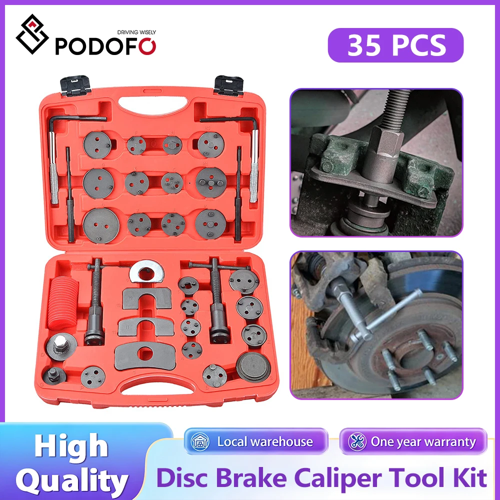 Kit d'outils pour étrier de frein à disque Podofo 35 pièces, haute résistance, pour le remplacement des plaquettes de frein avec 24 adaptateurs, compatible avec la plupart des véhicules
