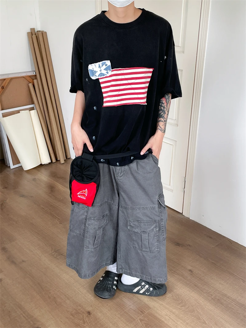 JUSHOURN American Design Sense Splashed Ink Flag Print round Neck Short Sleeve T-Shirt Men Women Summer Breathable Base Shirt