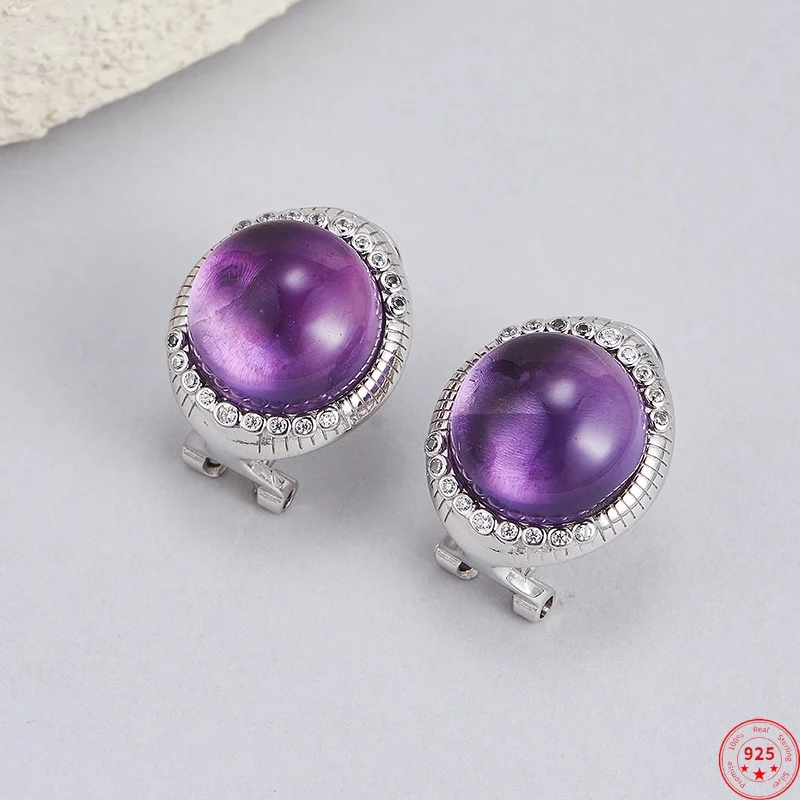 

Серьги-клипсы из стерлингового серебра 925 пробы для женщин, ретро-узор, инкрустированные натуральным аметистом, кабошон, зажимы для ушей, модные ювелирные изделия, оптовая продажа
