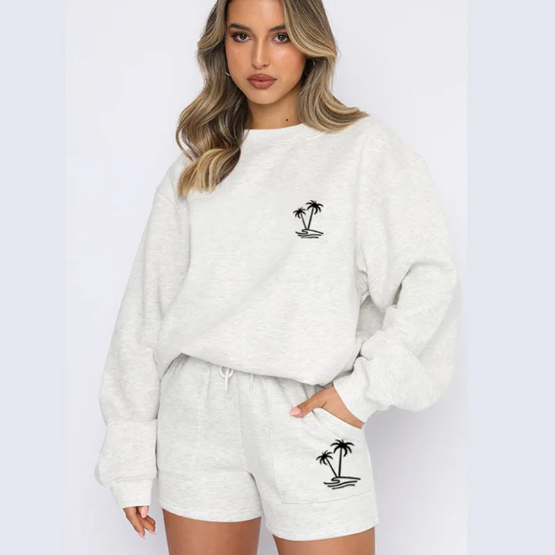 

2025 Sporty Dress Sets Long Sleeve Hoodies And Short Pant Sportswear Matching Sets Loose Casual Tracksuit Women Two Piece Set