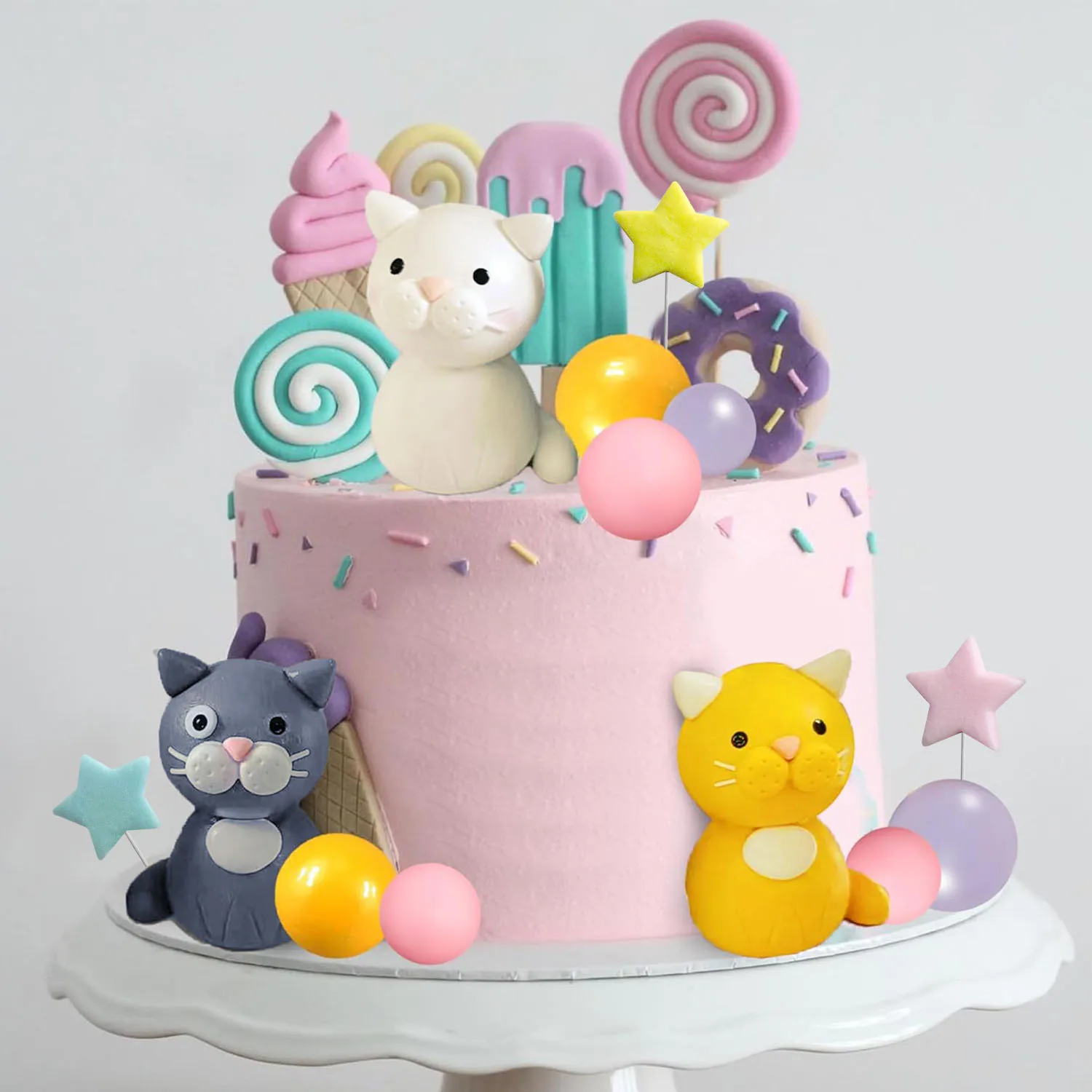 17-teiliger Katzen-Kuchenaufsatz, niedliche Katzen-Figuren, Kugel-Kuchendekorationen für Katzen, Geburtstagsfeier, Haustierparty, Babyparty-Zubehör – Detail 3