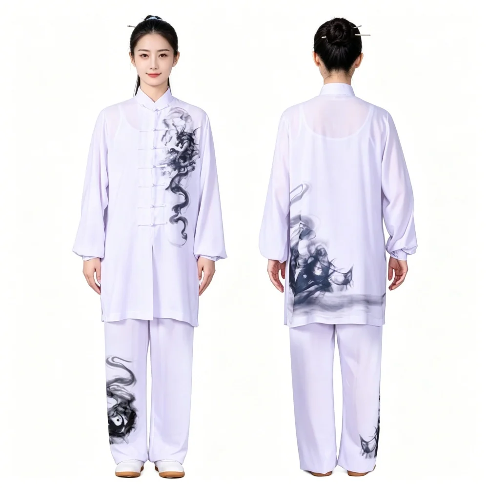 Women Tai Chi Clothing Set Chinese Style Long Sleeve Stand Collar Printed Outfit For Wushu Practice Competition And Stage Show