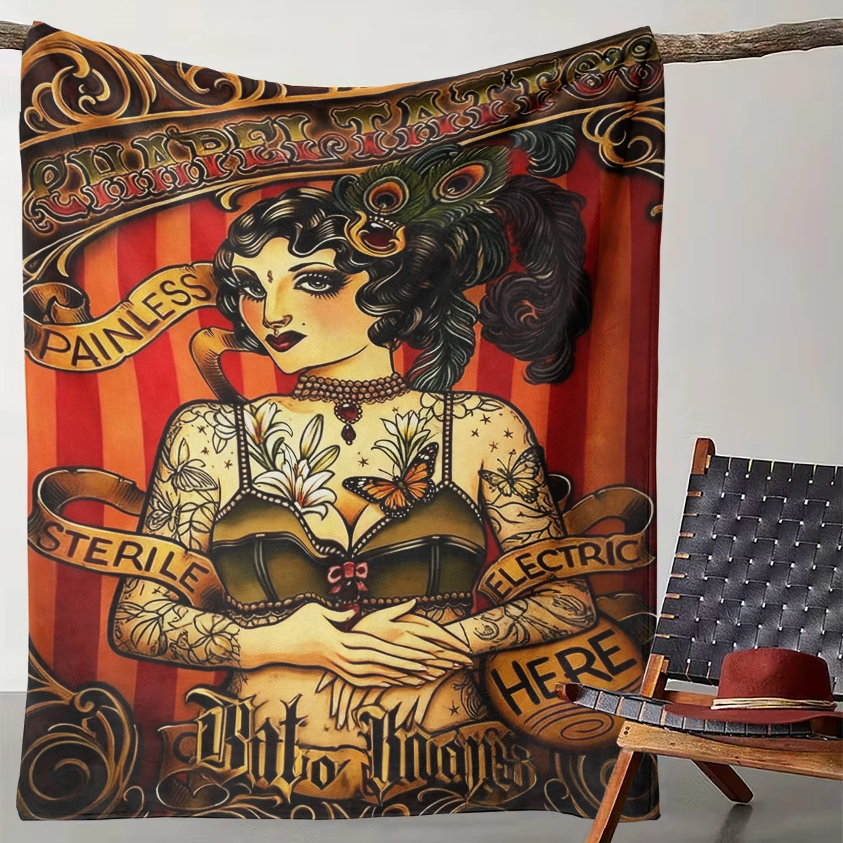 

1 Piece of Retro American Tattoo Girl Blanket, Personalized Trendy Cool Living Room Decoration Blanket