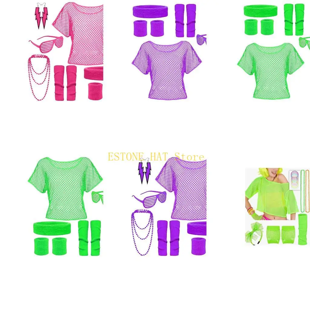 49MF 80s Costume Accessories Women,80s Retro Party Dress Shirt,Leg Warmer,Sunglass,Headband Bead Necklace Leg Warmer