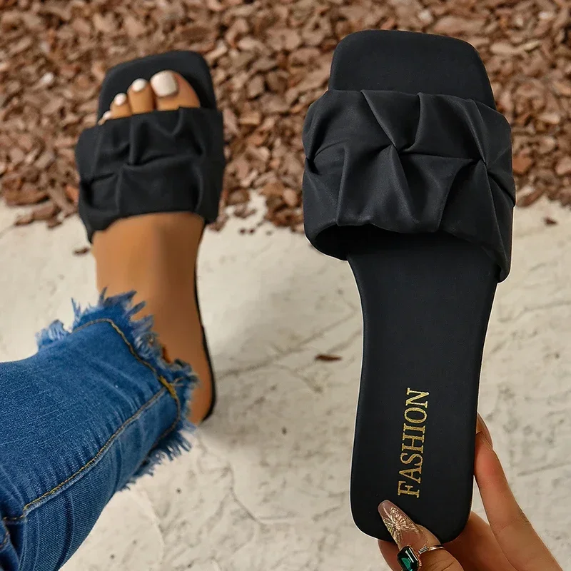 Pleated Summer Slippers Women Trend Flat Outdoor Flat Sandals For Women Flip Flops 2024 Korean Design Ladies Shoes Green Khaki image 3