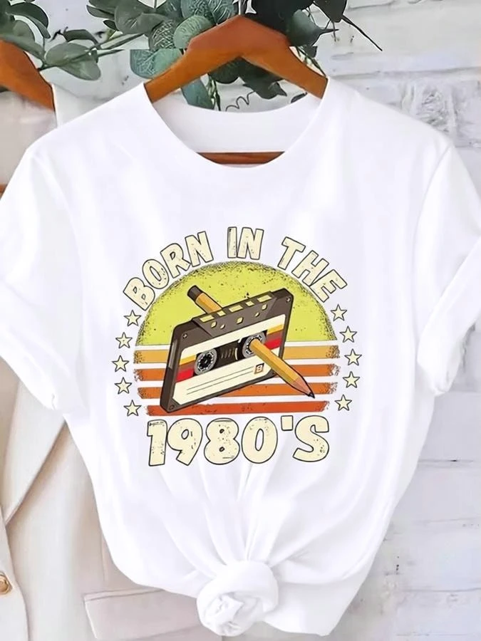Vintage Cassette Tape Born in The 80S T-Shirt Casual Crew Neck Short Sleeve Top Y2k Summer Women' Dopamine Bright Color Clothing