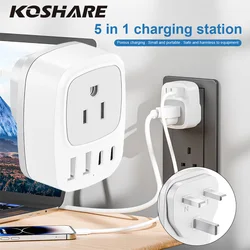 KOSHARE US to UK Travel Adapter Plug Outlet Expander Wall USB Charger with 1 AC Outlet 2 USB Whit 2 Type-C Ports Travel Adapter