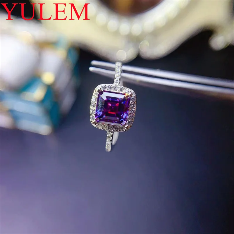 YULEM Asscher Cut 1ct Purple Moissanite Engagement Ring VVS Grade 925 Sterling Silver Wedding Women's Promise Ring