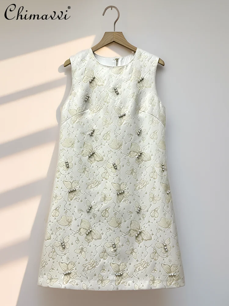 

French Luxury Sweet Celebrity Short Dresses Handmade Bead Embroidery Butterfly High Waist A-line Temperament Party Dress Women