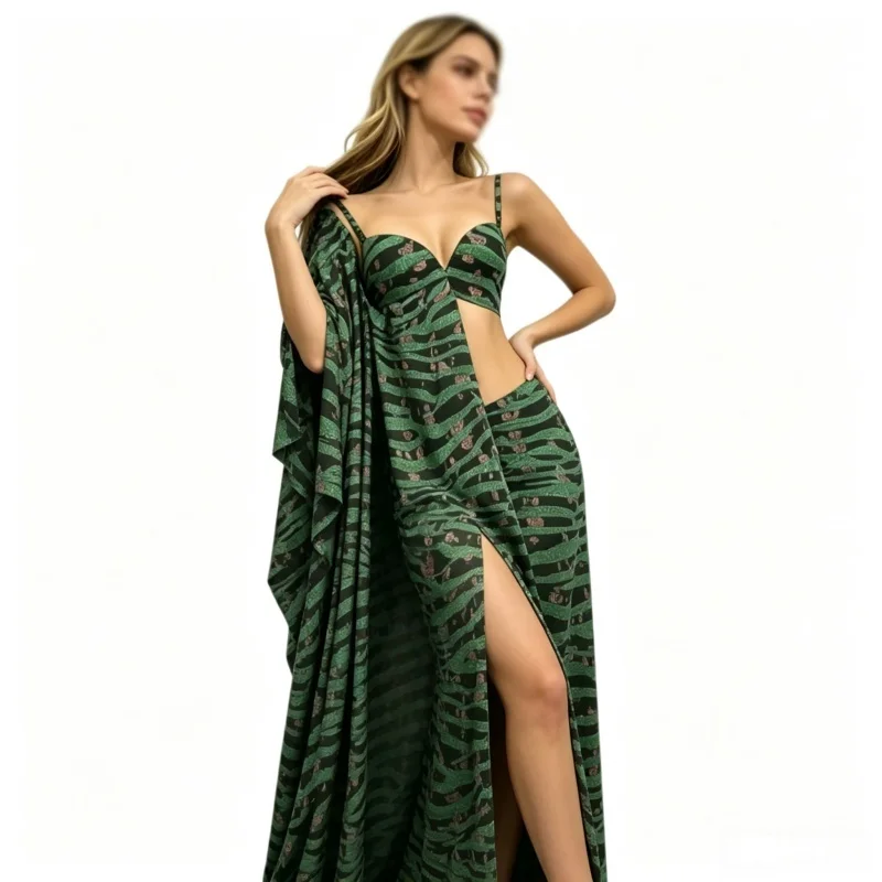 Women Long Sleeve Green Leopard Printed Jumpsuit Elastic Skinny Rompers Birthday Party Outfit Nightclub Bar Singer Stage Costume