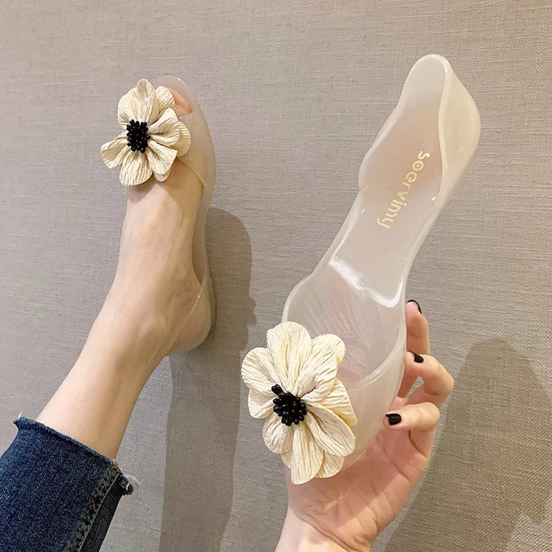 Fashion Summer Pvc Jelly Flat Sandals Casual Flowerbreathable Beach Shoes Transparent Plastic Crystal Slip on Sandales Femmes