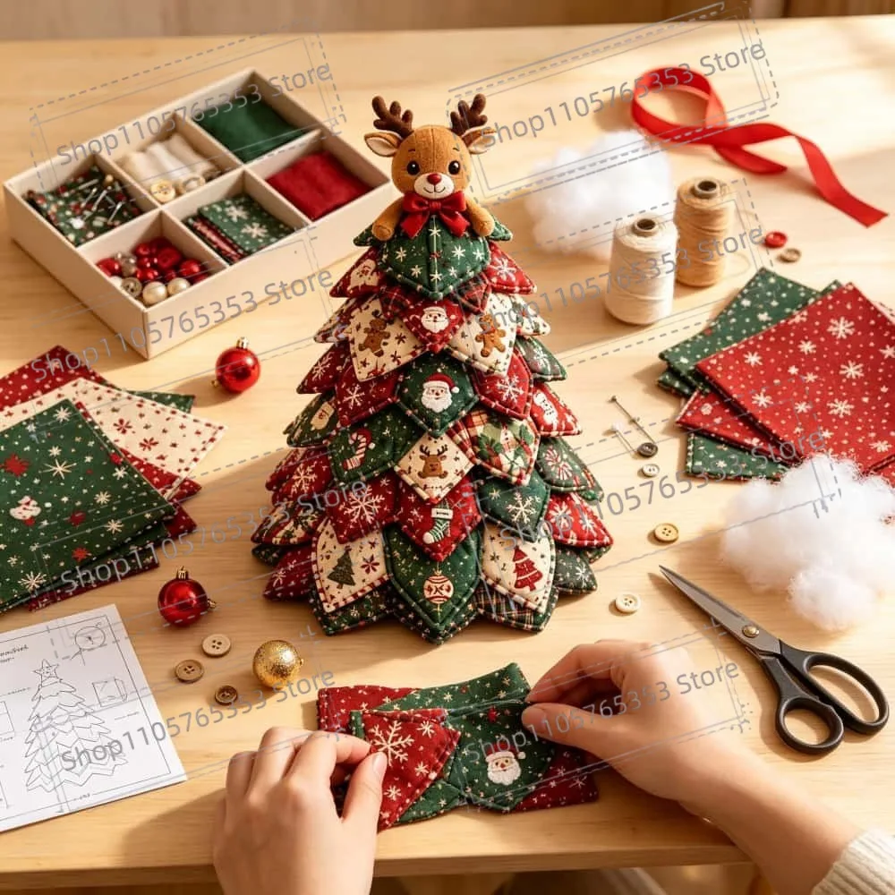 DIY Quilted Christmas Tree Kit Handcraft Beginner‑Friendly 3D Tabletop Christmas Sewing Kit Santa Claus Home Decoration Gifts
