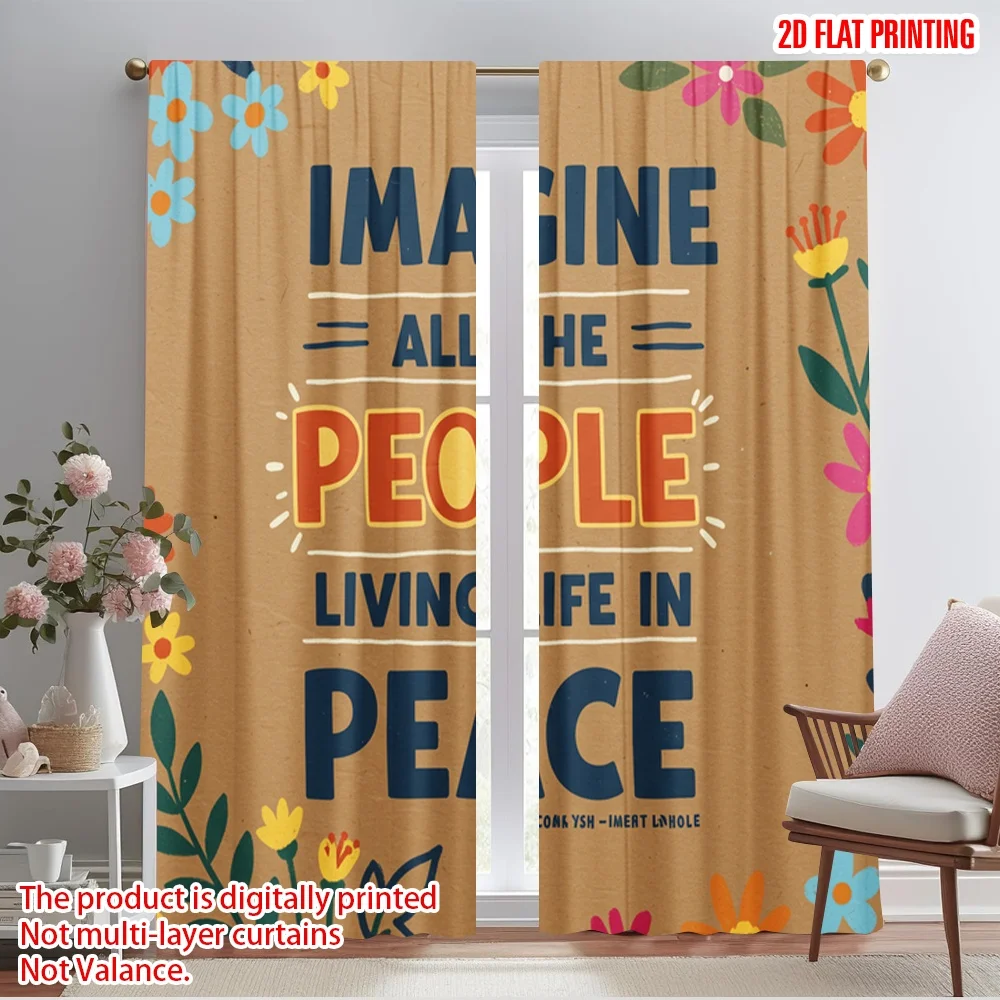 

2pcs 2D flat printing Curtains Imagine all the people living life in peace Polyester Without Electricity All Season Party &