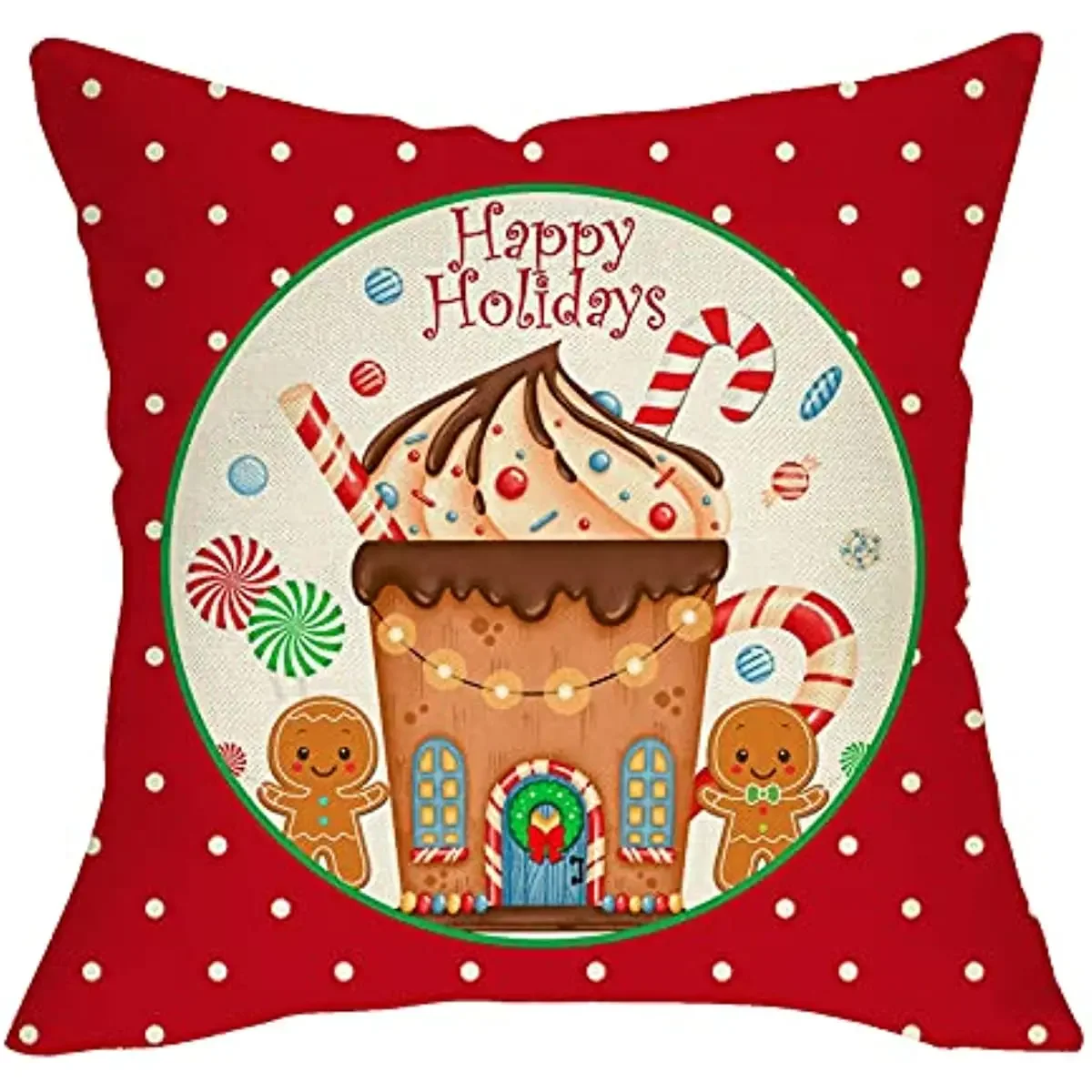 Xmas Red Polka Dot Gingerbread Man Candy Cane Rustic Home Decorations, Winter Farmhouse Pillowcase Decor for Sofa