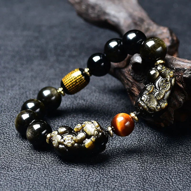 

Natural Gold Obsidian Double Pixiu Bracelet Men And Women