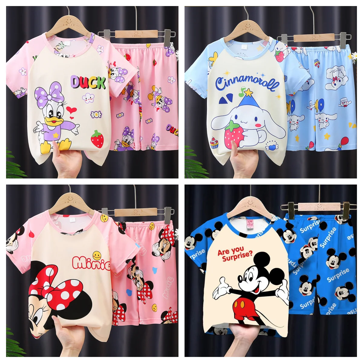 Summer Clothing Boys Girls Kids Clothing Mermaid Mikey Minnie Dinosaur Cinnamoroll Suit Kid Sleepwear Short Sleeve Nighty