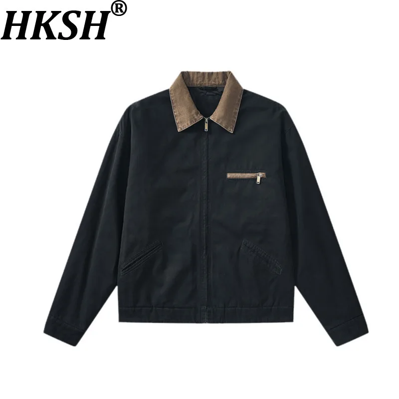 

HKSH Autumn Winter New Men Trendy Zipper Cardigan Jacket Turn-Down Collar Washed Coat Chic Punk Elegant Vintage Tops Ins HK12444