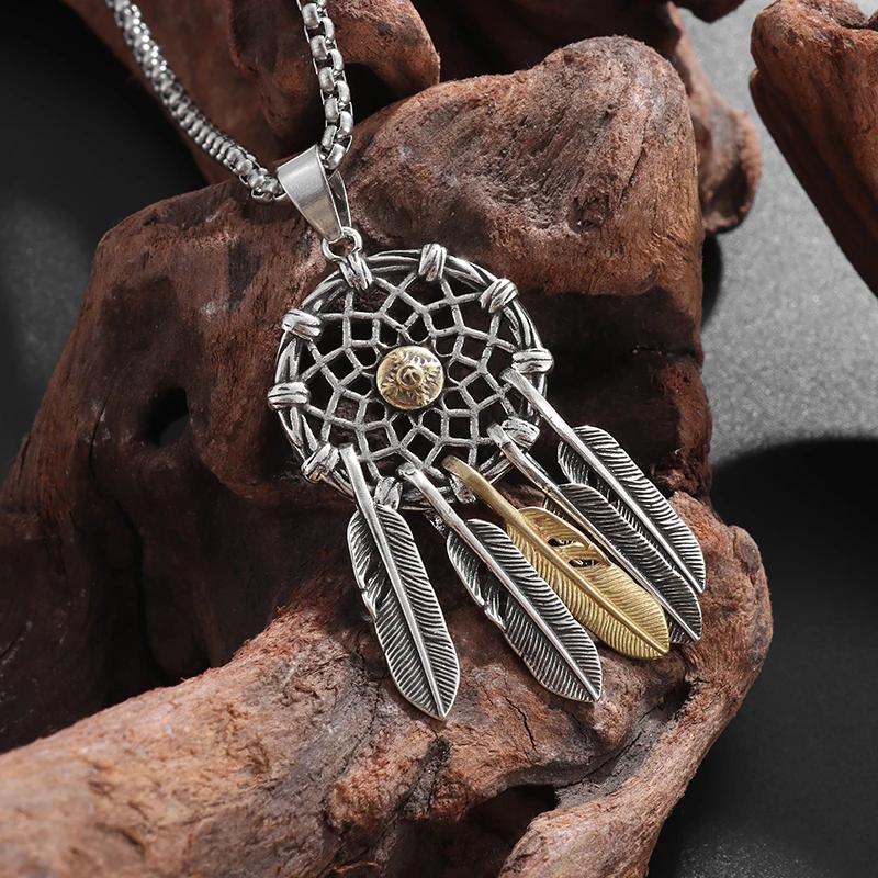 Retro Hollow Dream Catcher Feather Pendant Necklace Men Women Fashion Christmas Gift Jewelry