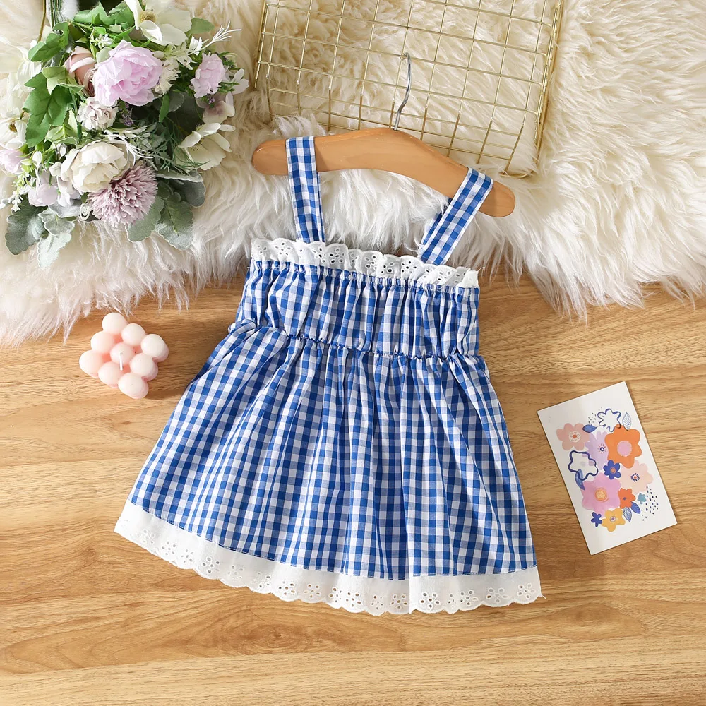 Summer Red Plaid Flower Embroidered Hanging Strap Baby Girl Dress Cute Lace Beach Girl Princess Dress