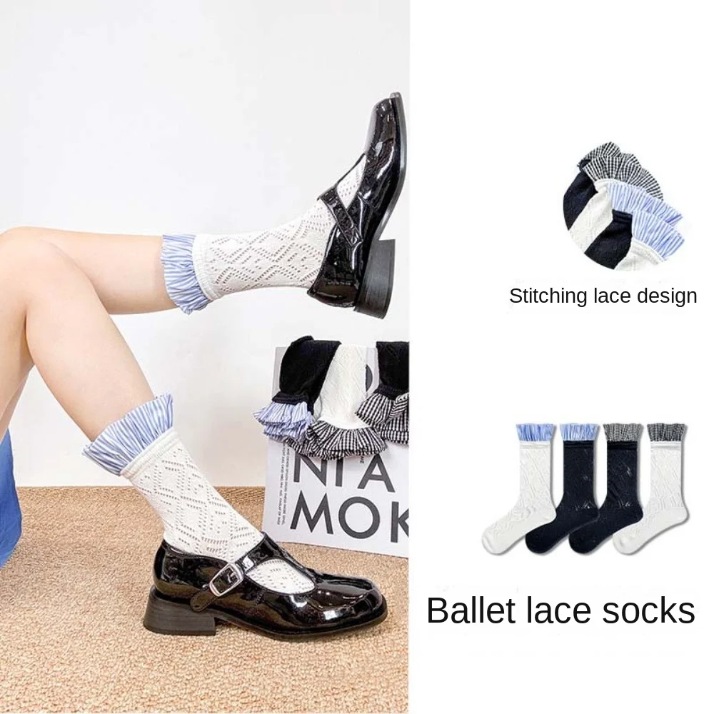 Simple Thin Ruffle Socks Mesh Ballet Style JK Cotton Socks Sweat-absorbing Jacquard Short Sock Lady