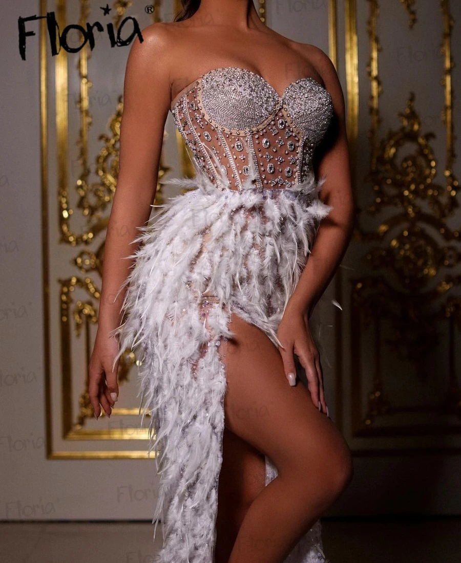 Luxury Feather Cocktail Dress Handmade Silver Crystals Midi Long Prom Gowns Custom Made Corset Strapless Club Night Dresses