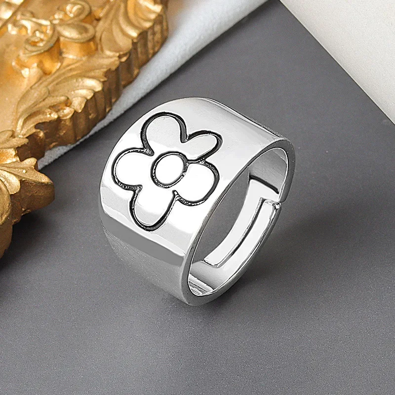 2025 New Style Simple Trendy Silver Color Lovely Flower Adjustable Ring Retro Fashion Flow Open Rings