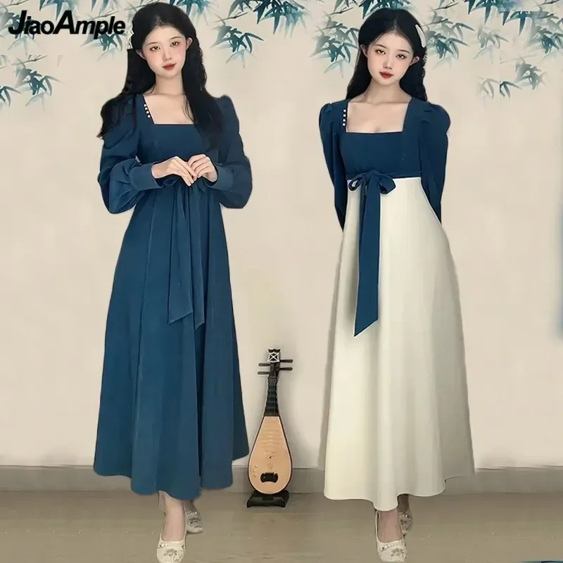 Chinese Vintage Graceful Long Women's Dress 2023 Spring Autumn Retro Square Collar Blue Bowknot Belt Dresses Lady Elegant Robe