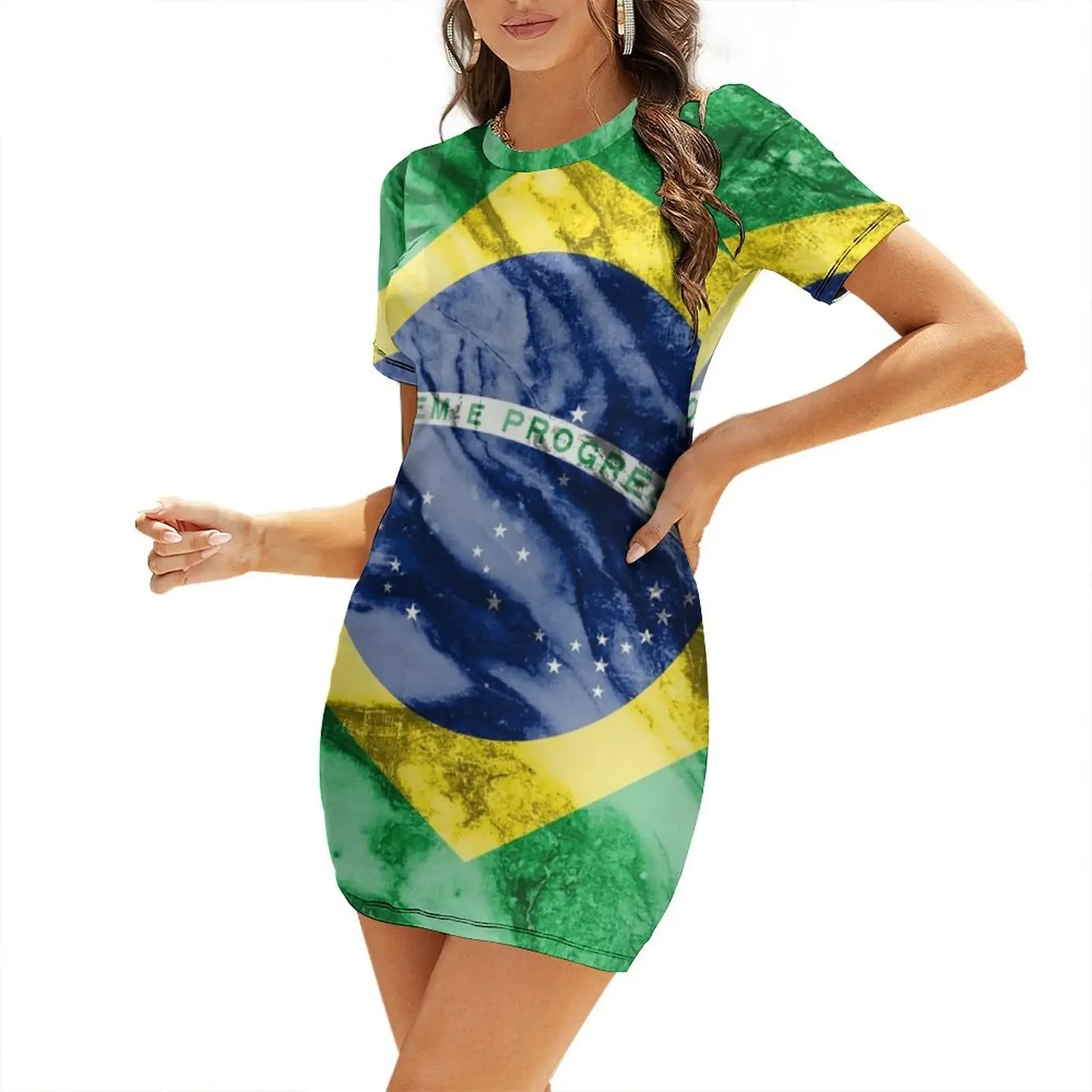 

Marble flag of Brazil Short-Sleeved Dress summer clothes summer clothes for women