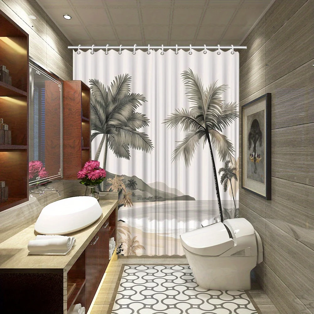 Vintage Sepia Tropical Beach Shower Curtain - Palm Trees & Ocean View, Serene Scene, Digital Drawing，Coastal/Boho Decor
