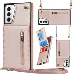 Zipper Wallet Case for Samsung Galaxy S21 S23 FE S22 S24 S25 S26 Plus Note 20 Ultra Card Holder Lanyard Crossbody Leather Cover