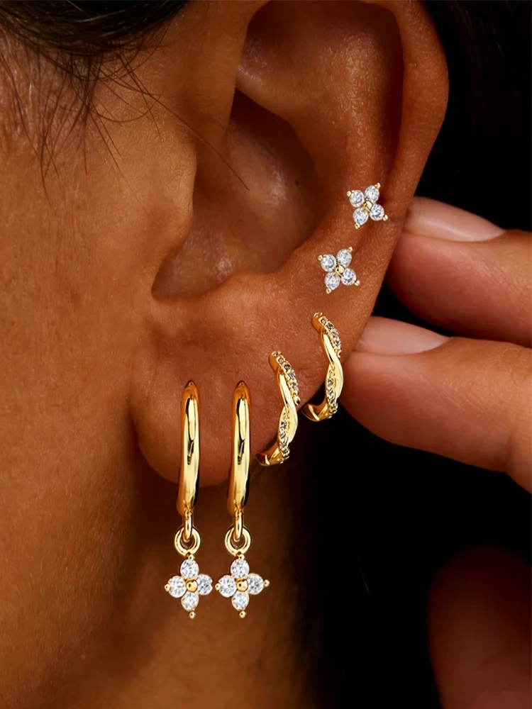 Juego de 6/3 pendientes de acero inoxidable con diseño de flor para mujer, pendientes colgantes vintage con cristal de circonita, joyería hipoalergénica, nueva.